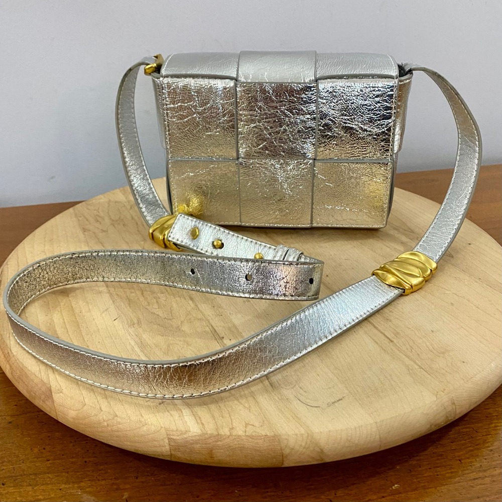 Tiffany & Fred Paris Metallic Silver Woven Leather Crossbody Bag Gold Hardware